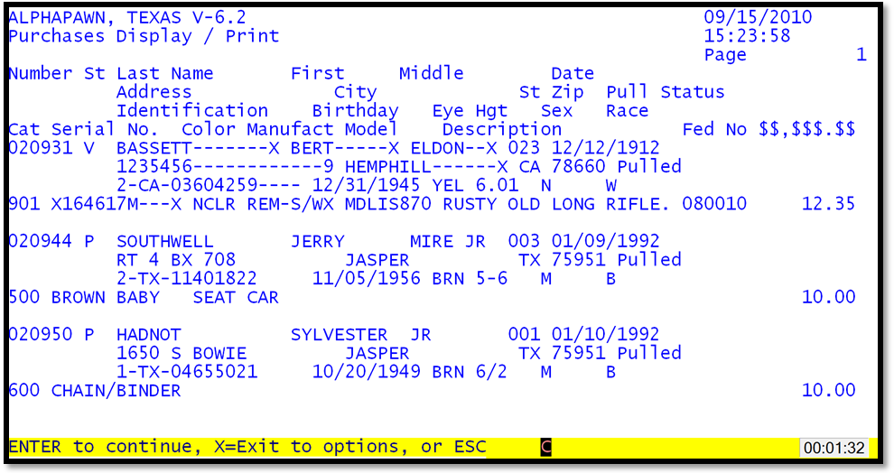 Purchases Display/Print